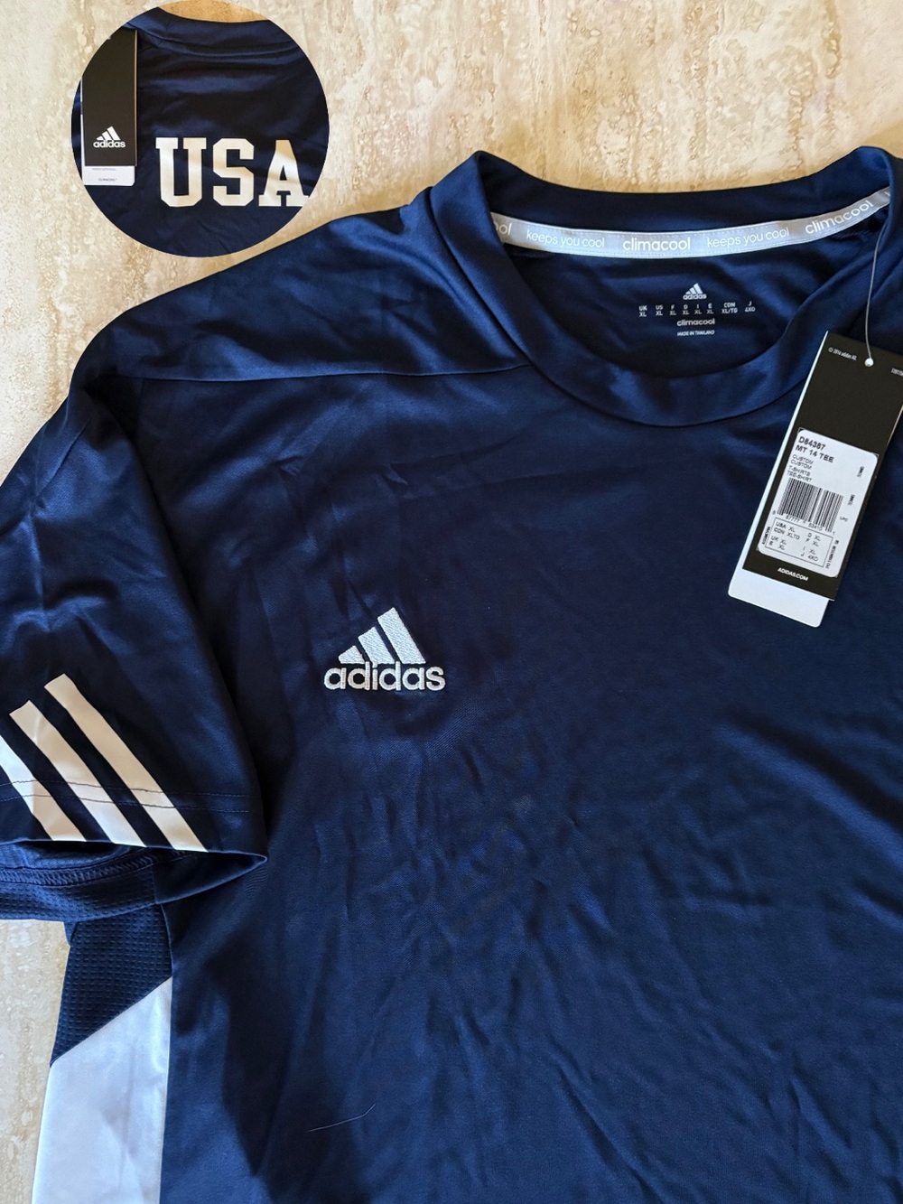 2016 NWT adidas climacool Men’s L USA  DarkBlue Training Jersey w White Stripes